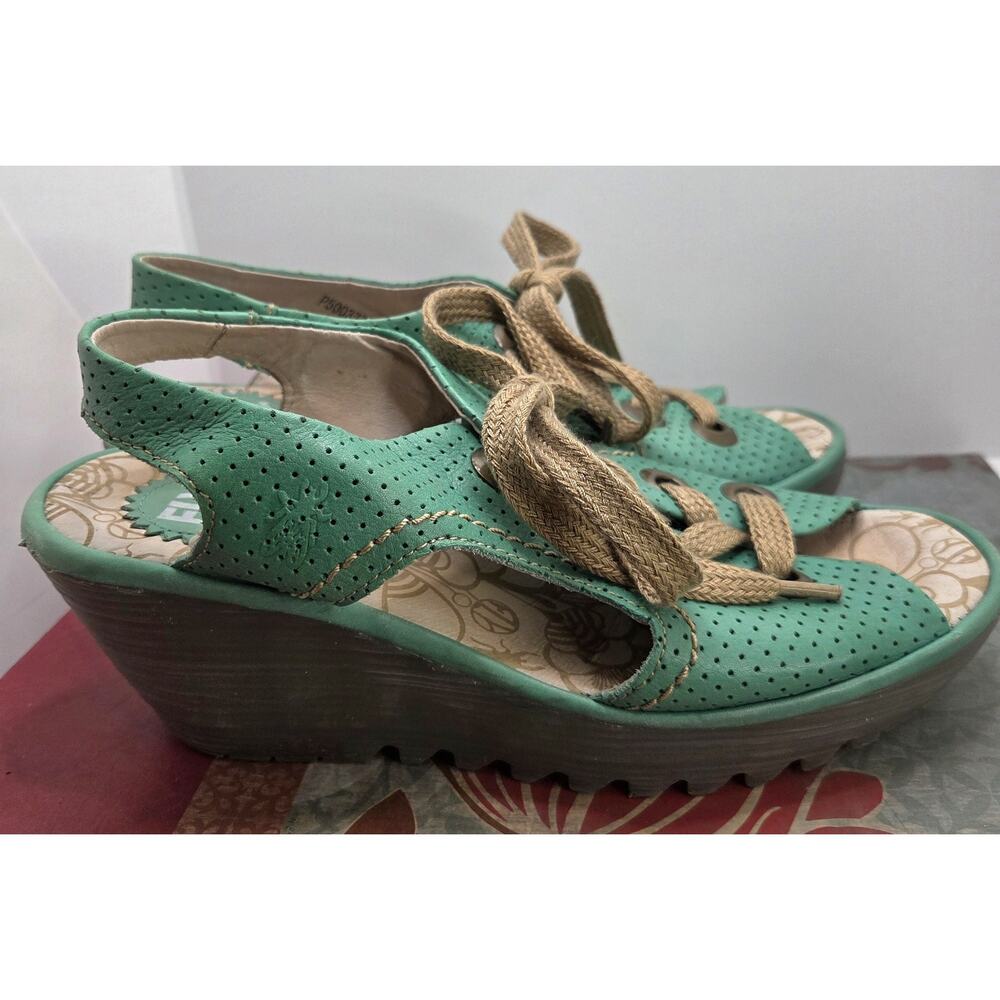 Fly London Sandal Sz 39 8.5 YLFA Perf Slingback Green Lace Up Peep Toe Wedge